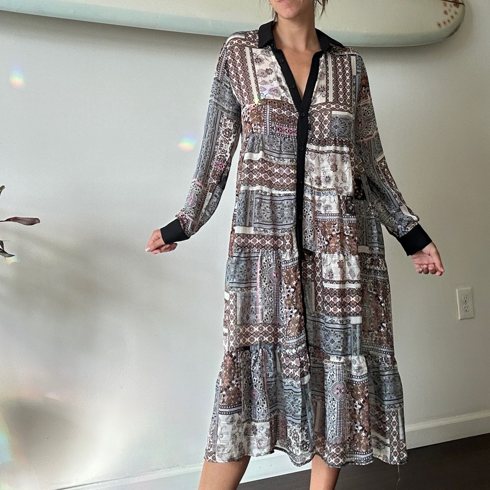 Elegant Patchwork Sheer Long Sleeve Dress